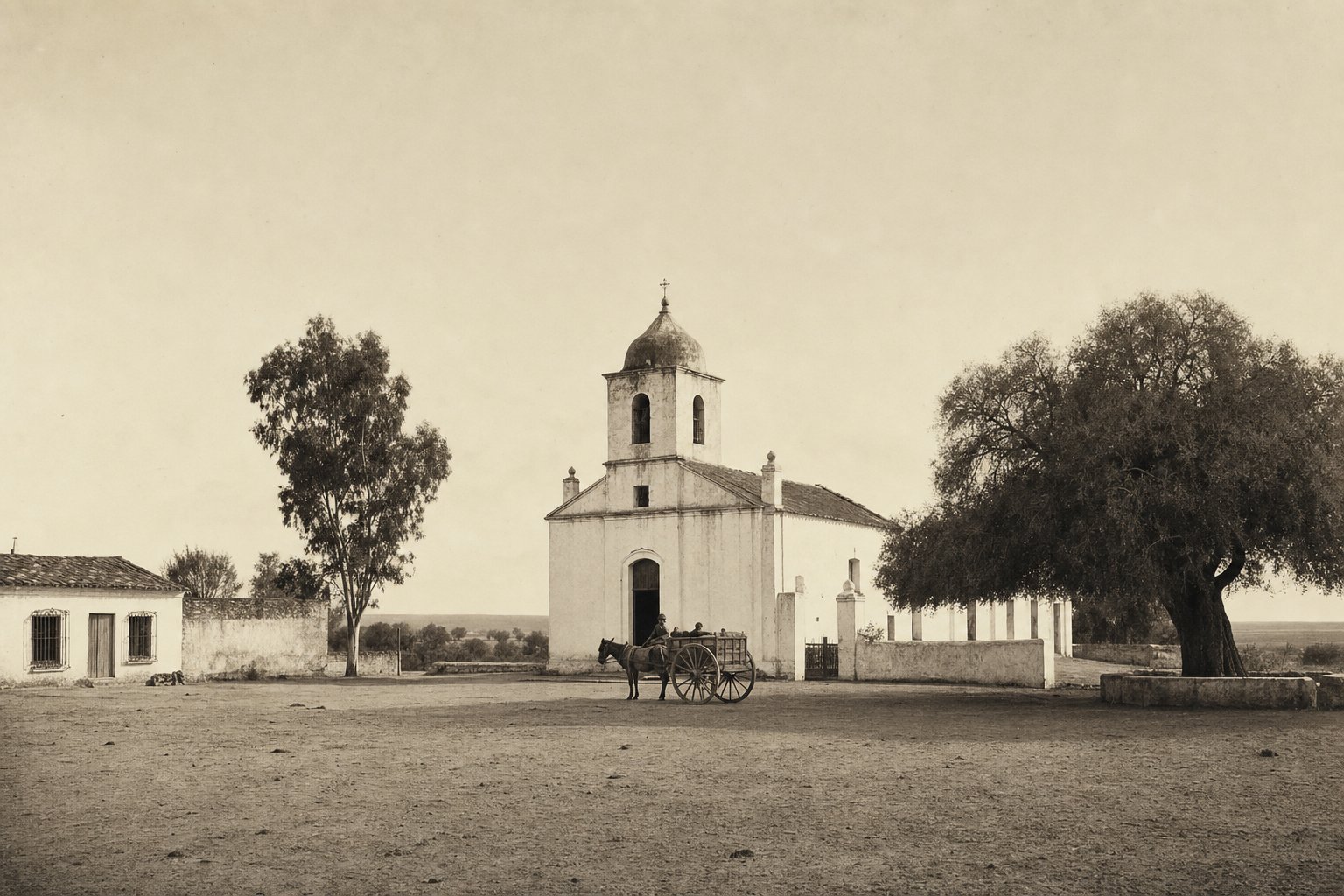 Ilustración de un pueblo pampeano del siglo XIX: capilla blanqueada con torre campanario frente a una plaza de tierra.