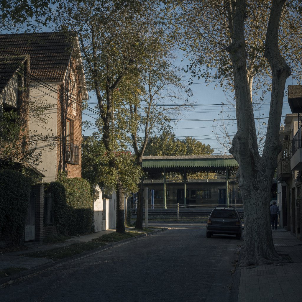 Calle residencial de Hurlingham con casas de ladrillo y la estación del ferrocarril al fondo.