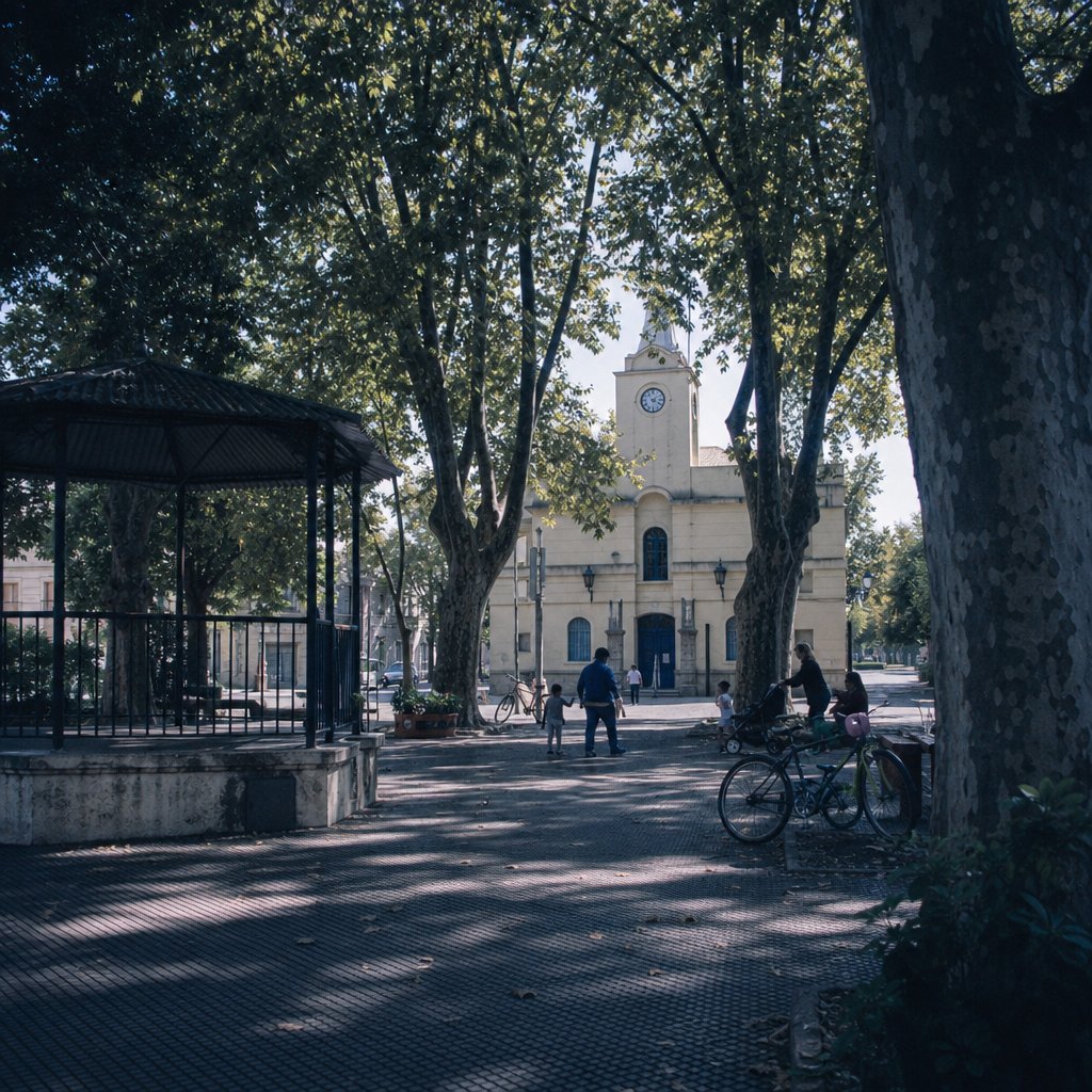 Plaza céntrica de Ituzaingó con glorieta, plátanos y edificio cívico al fondo.