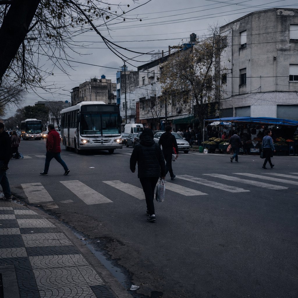Avenida comercial de La Matanza con colectivos y comercios a media tarde.