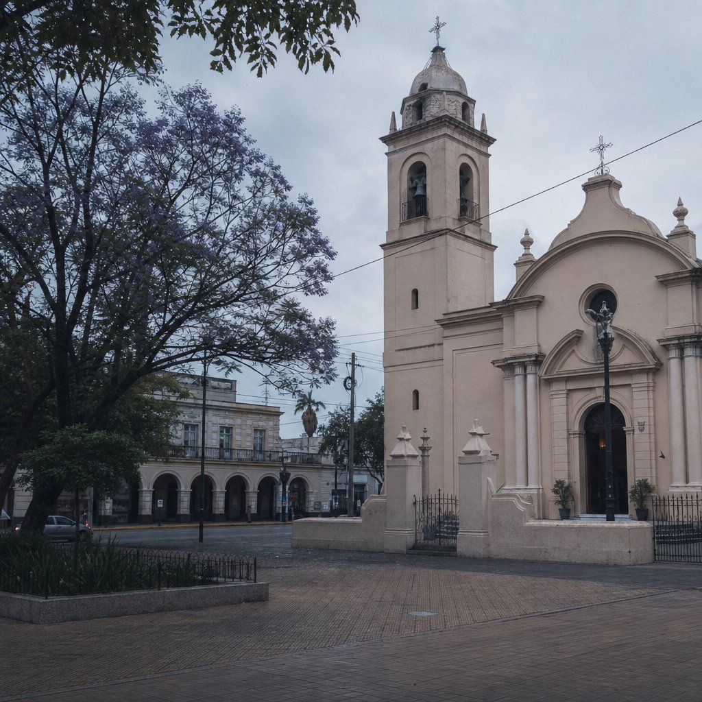 Catedral de Morón y el palacio municipal frente a la plaza principal del partido.